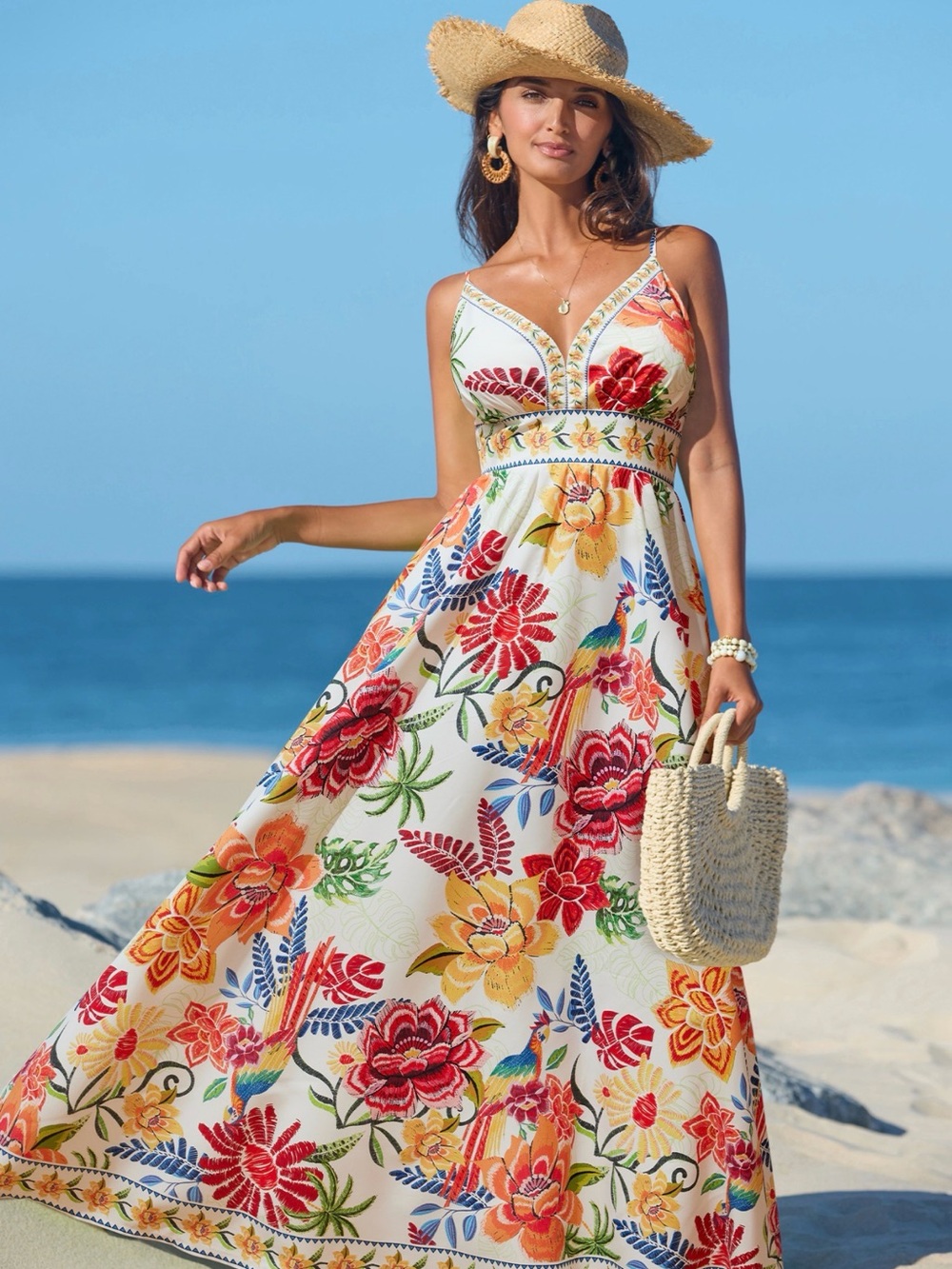 Cupshe White Maxi Dress with Bright Red, Yellow and Blue Floral Print